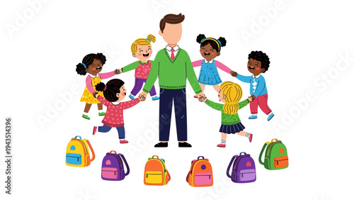 A Circle of Unity: Teacher and students gather in a circle, representing the harmony and interconnectedness within the classroom environment, ready to face the future together.