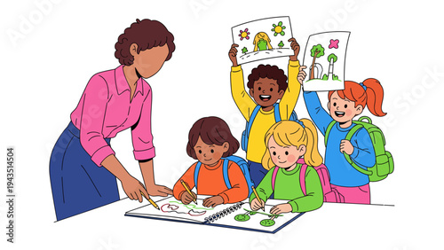 Creative Minds: A dedicated teacher guides a group of enthusiastic young students in a vibrant art class, as they showcase their colorful drawings, fostering creativity and learning.