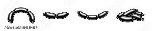 Black and white vector illustration of sausages silhouette in various arrangements