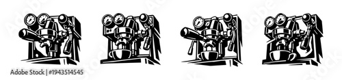 Black and white vector illustrations of coffee machines in silhouette style