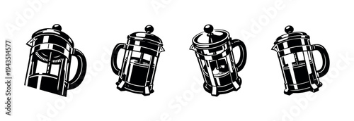 Set of four black and white french press silhouettes coffee maker illustration