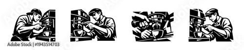 Barista making coffee art with espresso machine set vector illustration silhouette