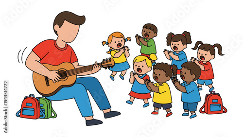 Harmony in Education: A teacher's guitar serenade fills the air as children sing with glee, their youthful voices rising in a symphony of fun and learning.