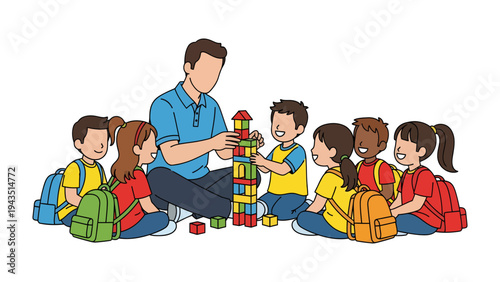 Building Blocks of Education: A dedicated educator guiding a group of eager children as they engage in playful learning, constructing a tower of blocks together.