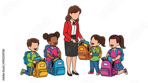 School Prep: A kind teacher assists young students with their school backpacks, creating a welcoming and supportive learning environment.