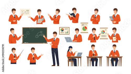 Teacher's diverse teaching moments: A compilation of illustrations showcasing teachers in various activities: presenting data, reading, using laptops, pointing with a stick.