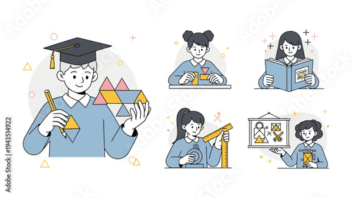 Education and Discovery: A set of illustrations, capturing children engaged in various educational activities, from reading to hands-on projects, fostering a sense of curiosity and learning.