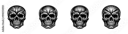 Vector illustration of four detailed skull designs in black and white art style
