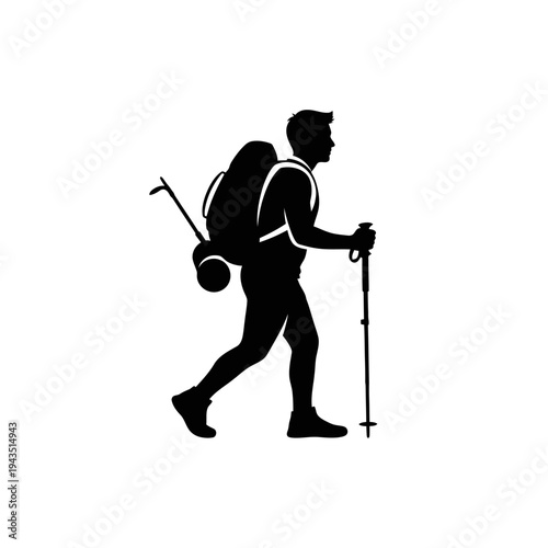 Man Hiking With Backpack And Poles.