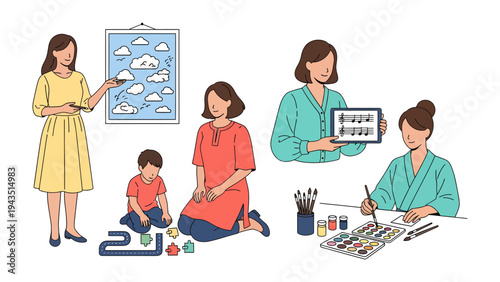 Nurturing Minds and Creativity: A collection of diverse scenes depicts educators and young minds engaged in learning, creation, and exploration.