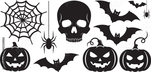 Halloween icons including skulls, bats, spiders, and pumpkins silhouettes