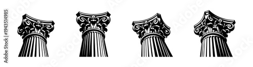 Classical corinthian columns silhouette set vector illustration in black and white