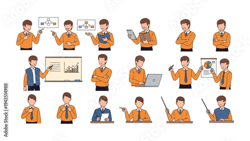 Business presentation illustrations: A collection of various pose of business people in action, gesturing and presenting for business context.