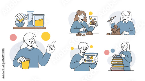 Creative Endeavors: Capturing the essence of a vibrant array of people engaging in various creative pursuits, from scientific experiments to artistic creation.