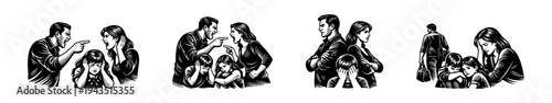 Illustration of family conflict black and white vector silhouettes