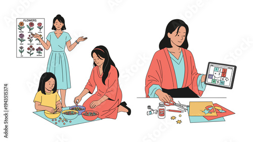 Crafting Moments: A mother and child joyfully engaged in a crafting activity, fostering creativity and bonding. The image presents a heartwarming depiction of family time and artistic expression.