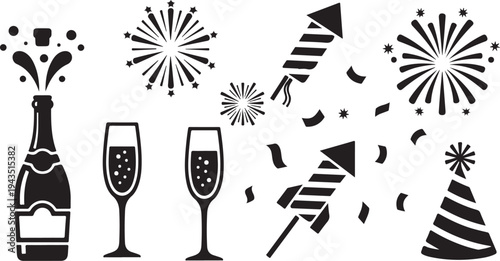 New Year's Eve Celebration Icons and Fireworks Silhouettes
