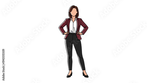 Confident Professional Pose: A poised businesswoman exudes confidence and authority, her hands resting on her hips as she stands tall.