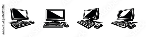 Black and white computer equipment icons set with keyboards and mouse silhouette