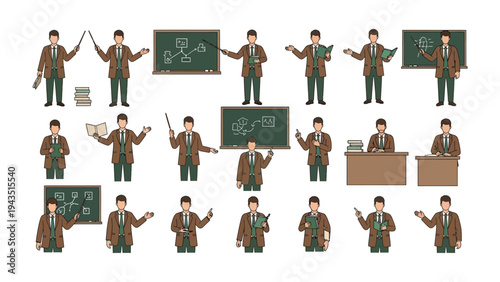 Teacher in Various Poses: A teacher in different stances, demonstrating teaching and lesson concepts with different teaching aids.
