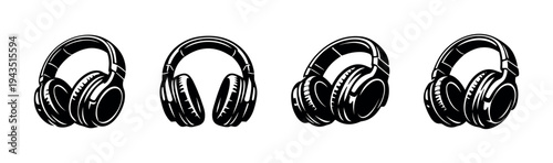 Set of black and white headphone illustrations in vector silhouette style