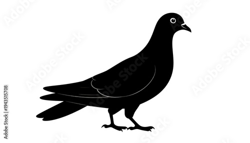 A simple, side-profile silhouette of a pigeon, rendered in solid black against a stark white background. The bird is depicted standing