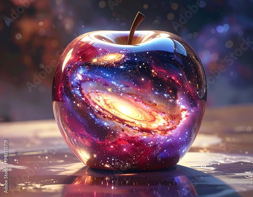A shiny red apple reflecting a swirling galaxy. A celestial scene within a perfect fruit sits on a reflective surface