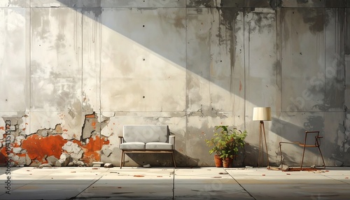 A simple scene featuring a weathered concrete wall, a small sofa, a potted plant, a lamp, and a solitary chair