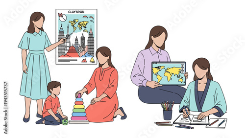 World Learning in Action: A collection of diverse educational moments, portraying teachers and students engaging in learning activities, with world map illustrations.