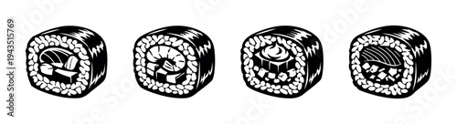 Black and white sushi roll vector illustration set featuring four designs