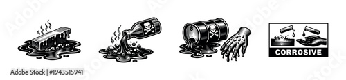 Corrosive substance vector illustration set with hazard symbols and elements