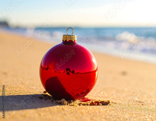 A shiny red sphere, typically used for decorating a Christmas tree, rests in the warm sand near the gentle ocean waves