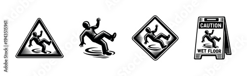 Caution wet floor warning signs black and white vector illustration set