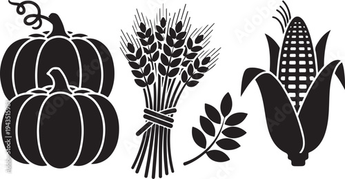 Black and white harvest icons with pumpkins and wheat