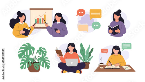 Female activities set: A collection of various illustration depicting different activities of women, each image represents a unique scene. The illustrations portray moments of learning, working.