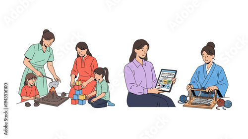 Woman's Day: Capturing the essence of a woman's versatility and everyday moments, depicting diverse activities with children and exploring interests.