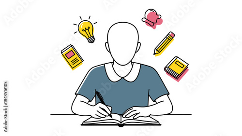 Focused Study: An illustration depicts a person deeply engaged in learning, surrounded by elements symbolizing study, inspiration, and creativity.
