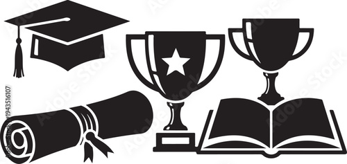 Graduation icons including cap, diploma, trophies, and open book