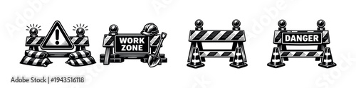 Construction site barriers black and white vector set with warning signs