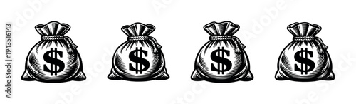 Black and white vector money bags silhouette illustration with dollar symbols