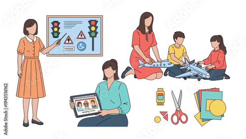 Teaching and Learning moments: A set of scenes depicting the process of teaching and learning for students of all ages. Including educational activities and online classes.