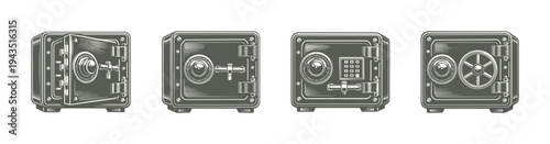 Vintage safe box illustrations set, detailed vector silhouette