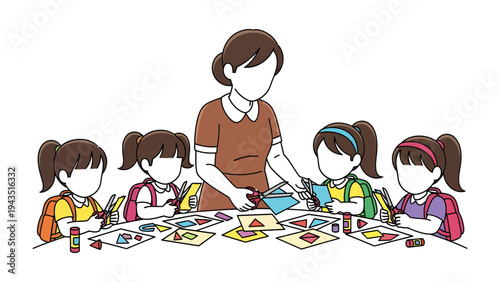 Creative Classroom: A dedicated teacher guides a group of young students in a vibrant art project, fostering creativity and learning within a cheerful and stimulating classroom environment.