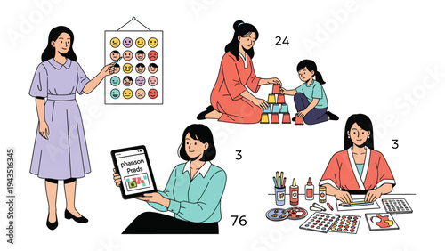 Nurturing Young Minds: A collage showcases a dedicated educator guiding children through engaging learning activities, fostering growth and exploration.