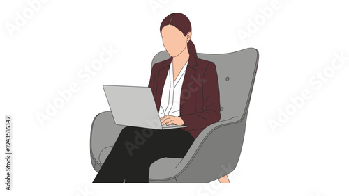 Focused at Work: A professional woman is absorbed in her tasks, typing on a laptop while seated in a modern armchair. This depicts modern workplace and work-life balance