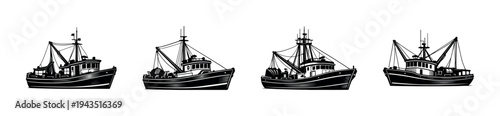 Vintage fishing boat silhouette collection black and white nautical vector illustration set