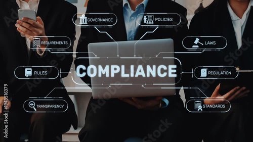 A close-up of business professionals examining compliance strategies using a laptop while discussing key concepts like regulations, governance, and transparency in a modern setting. Raster
