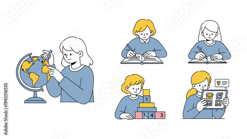 Illustrated Scenes of Study: Set of illustrations featuring a child engaging in various educational activities, encompassing exploration, writing, and technological interaction.