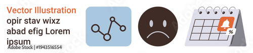 Productivity, scheduling, mood tracking, management, connection, planning. Abstract icons data connection, sad face and calendar notification. Productivity and scheduling conceptual ideas