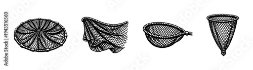 Black and white fishing nets illustration set with various designs